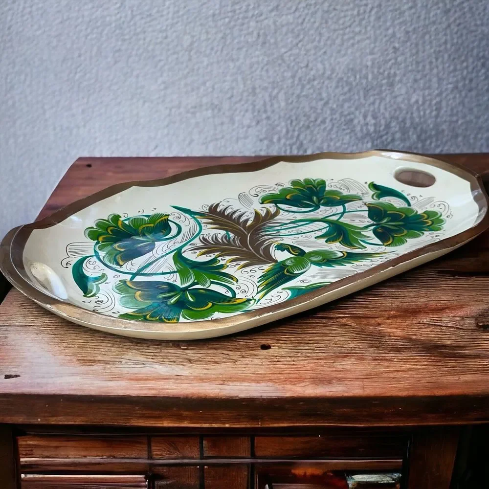 Vintage Birds of Paradise Painted Large Wooden Handled Tray Greens/Gold - Picture 1 of 6